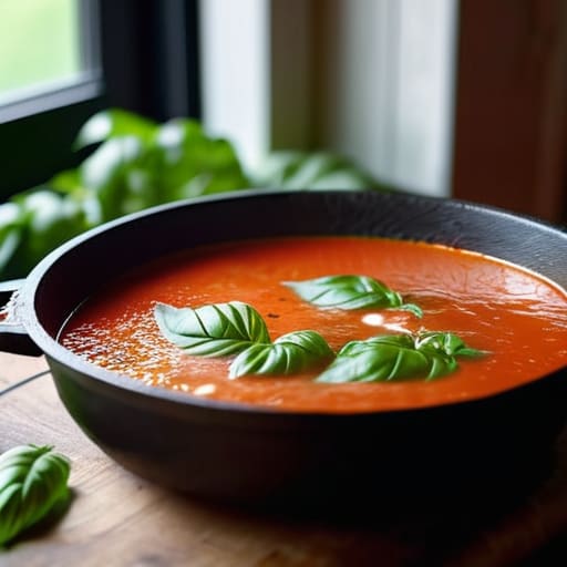 Bowl of Slow-Simmered Tomato Basil Soup.