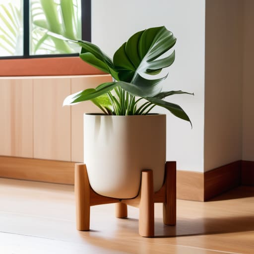 Wooden minimalist plant stands for indoor greenery.