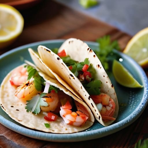 Zesty Lemon Garlic Shrimp Tacos on plate.