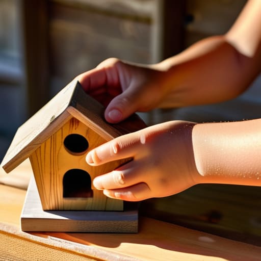 Kids learning how to build a birdhouse.
